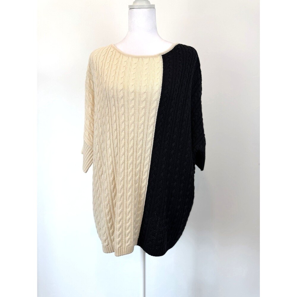St. John Women PS Black Ivory Cable Knit Oversized Sweater Wool Colorblock